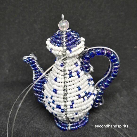 Blue White Beaded Teapot Christmas Ornament Perfect For Blue White Themed Trees. - Picture 5 of 5